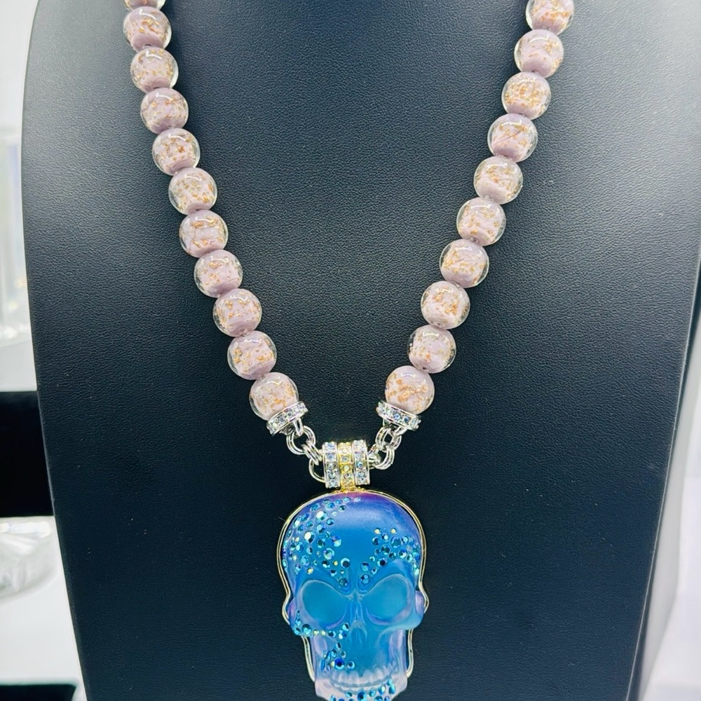 Kirk’s Folly Blue and Pink Skull Pendant Necklace - Picture 1 of 7